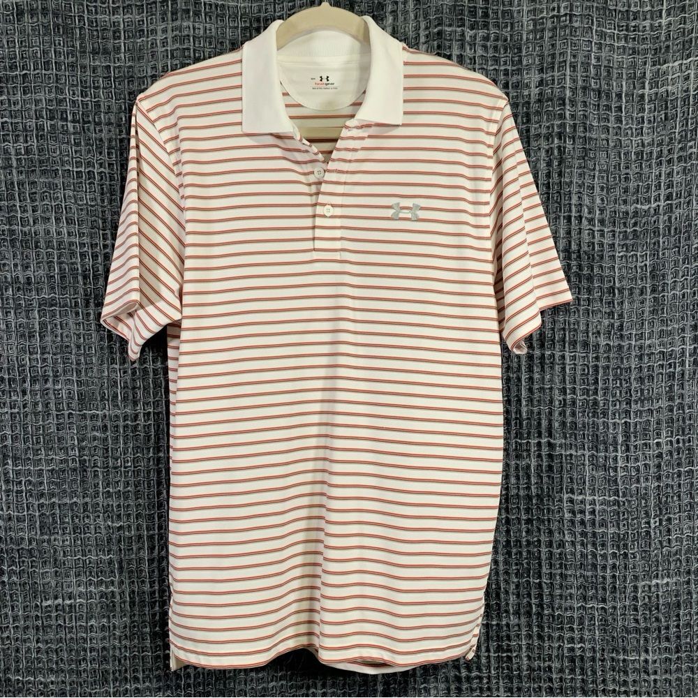 UNDER ARMOUR Men's HeatGear White and Red Stripe Polo Shirt Small #511